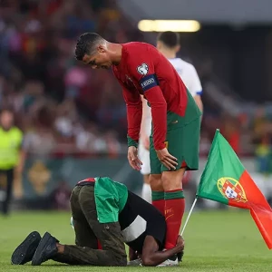 Фанат обнял Роналду и встал перед ним на колени, прервав игру Португалии с Боснией во 2-м тайме